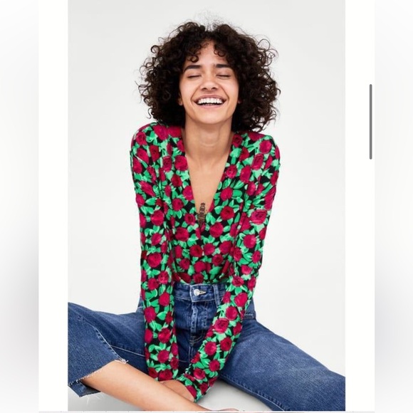 Zara Tops - Zara Rose Print Long Sleeve Bodysuit